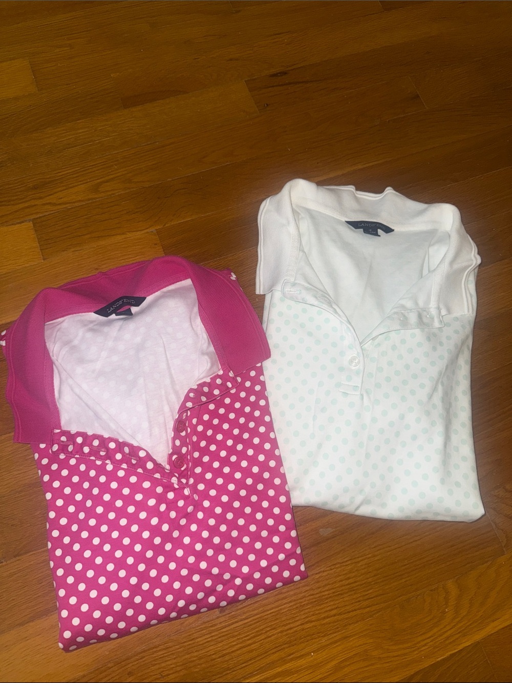 Lands' End Pink & White Polka Dot Polos Classic Fit